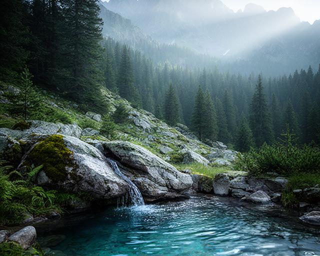 Manantial protegido de los Pirineos rodeado de bosque y agua clara en el punto de origen
