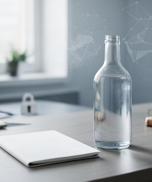 Botella de agua sobre una mesa de oficina junto a un cuaderno de protección de datos